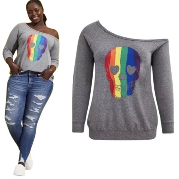Torrid Celebrate Love Off-Shoulder Sweatshirt - Rainbow Skull Grey - Picture 1 of 9
